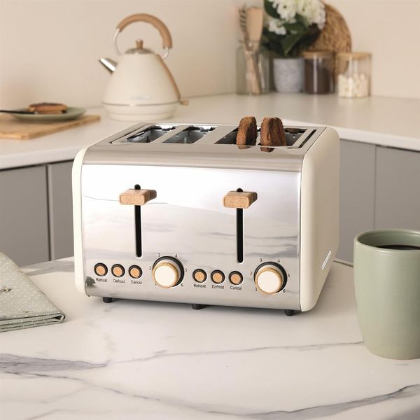 Hamilton Beach Scandi 4 Slice Toaster Matte Cream with Wood Effect Open Box