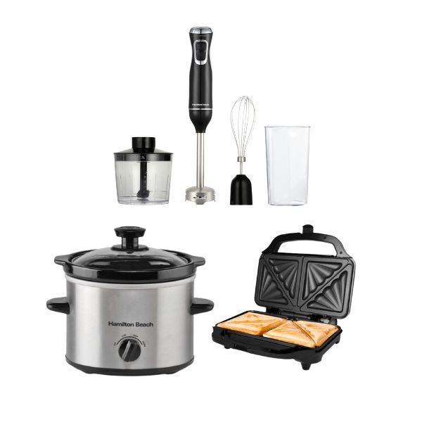 Hamilton Beach Essentials Food Prep Set, 4 in 1 Blender, Deep Fill Sand wich Toaster, 1.8L Slow Cooker - Silver